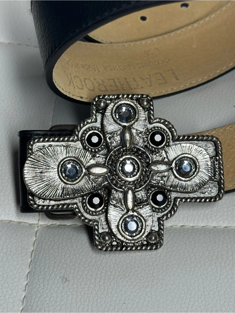 Leatherock Black Leather Belt with Rhinestone Cross Buckle
